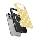 White in Butter Yellow Polka Dots MagSafe Tough Phone Case — case separated from phone, MagSafe ring visible