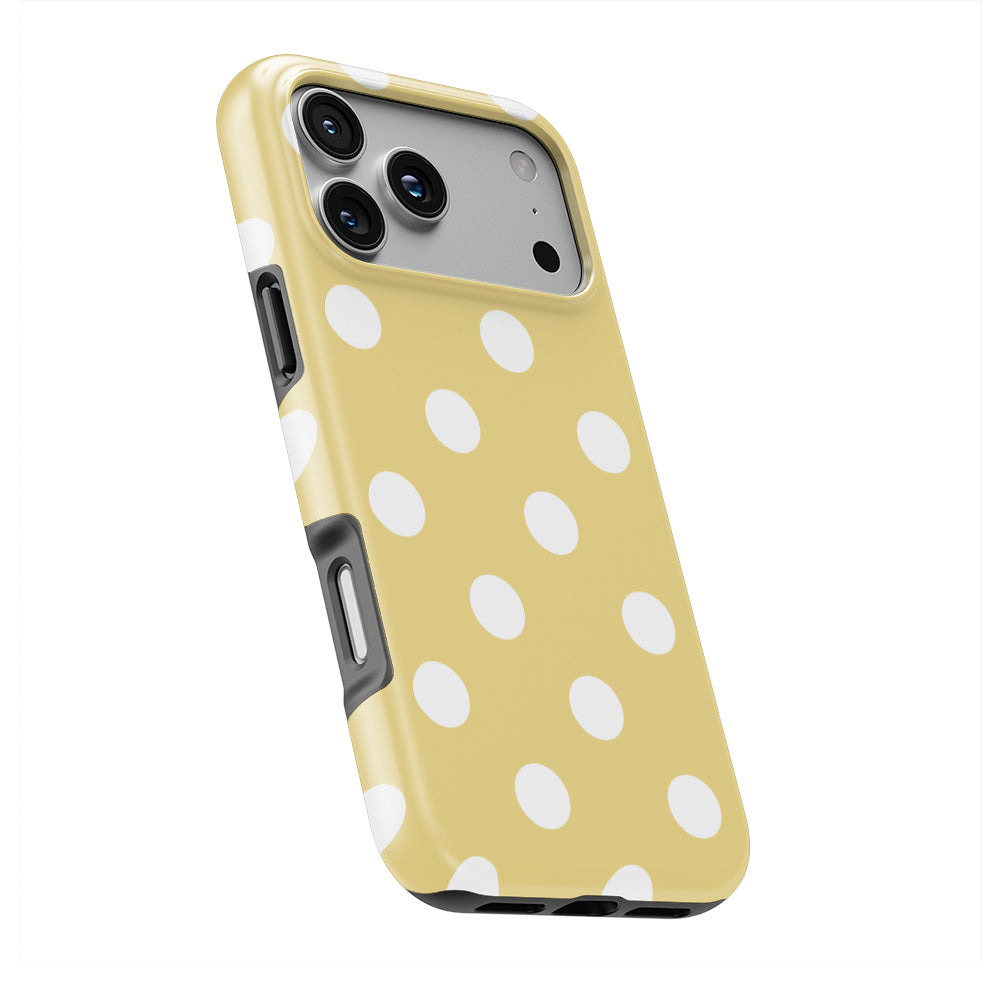 White in Butter Yellow Polka Dots phone case — slight angle, side edge visible