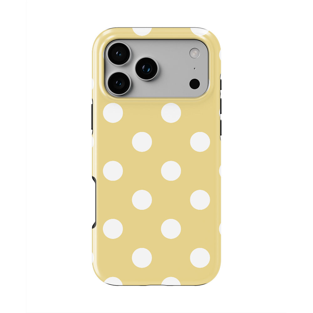 White in Butter Yellow Polka Dots phone case — back view, full print