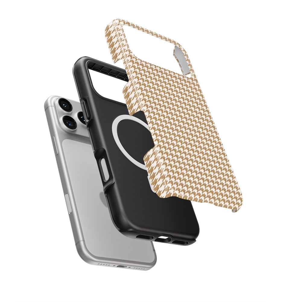 Camel Houndstooth MagSafe Tough Phone Case — case separated from phone, MagSafe ring visible
