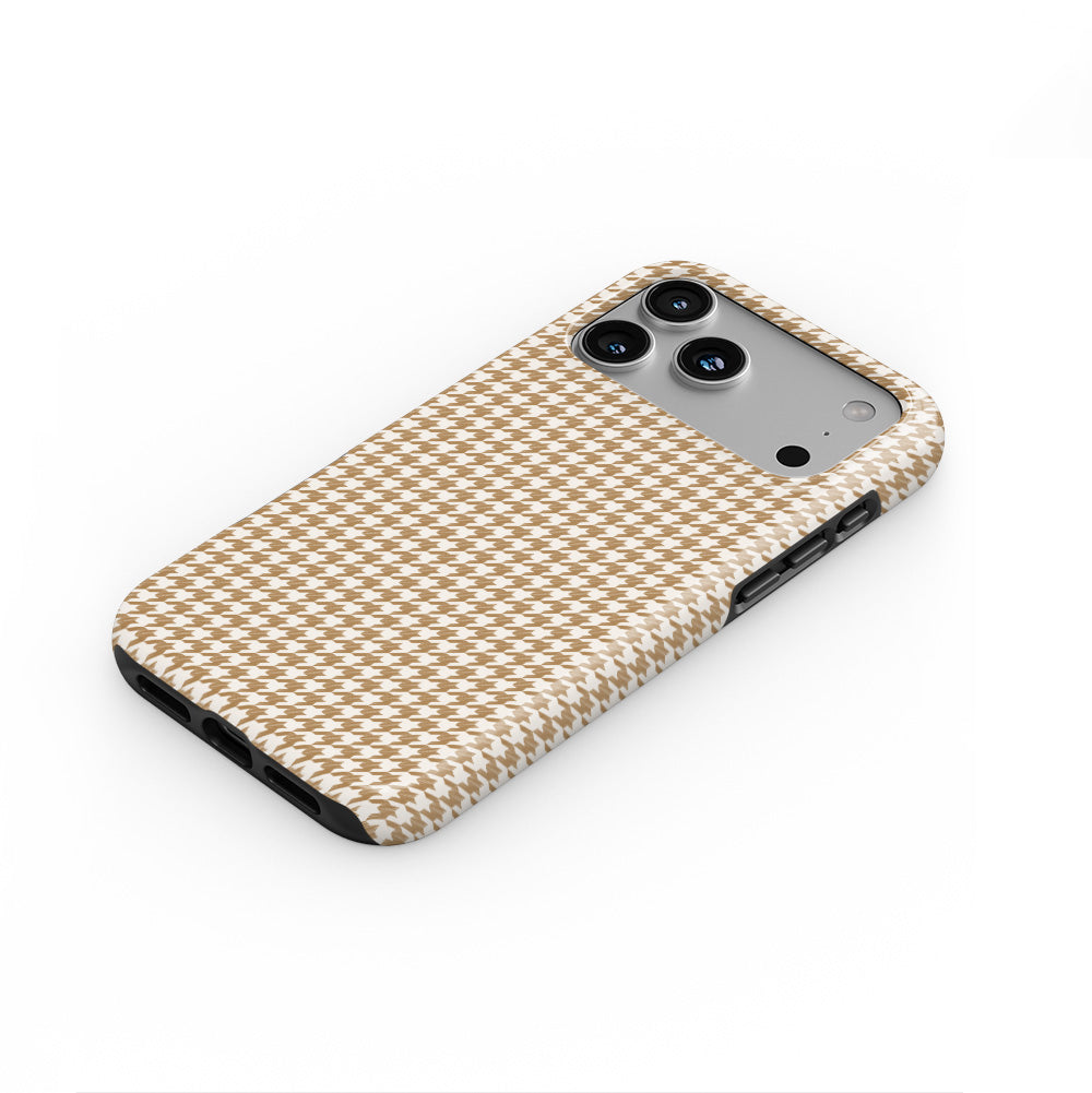 Camel Houndstooth phone case — steep top-down angle, case lying face up