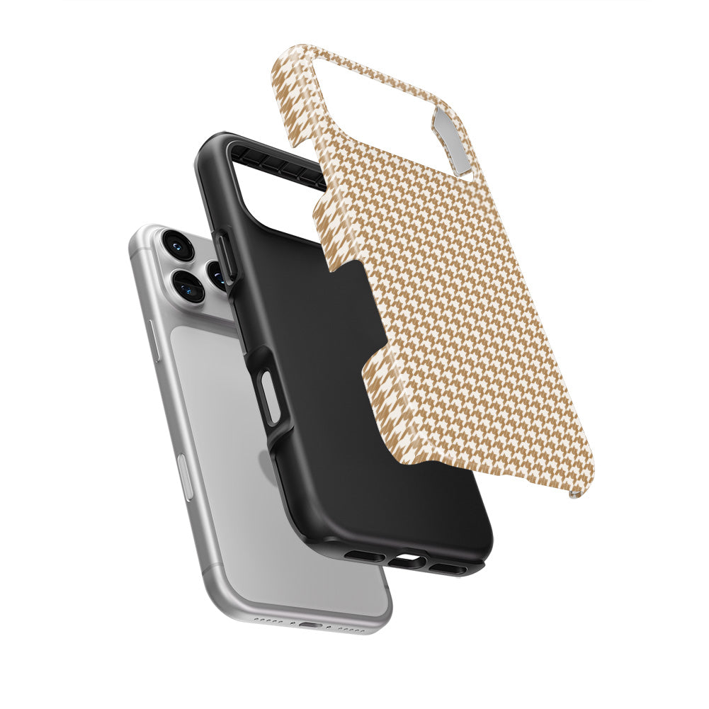 Camel Houndstooth Tough Phone Case — hard outer shell and inner liner separated