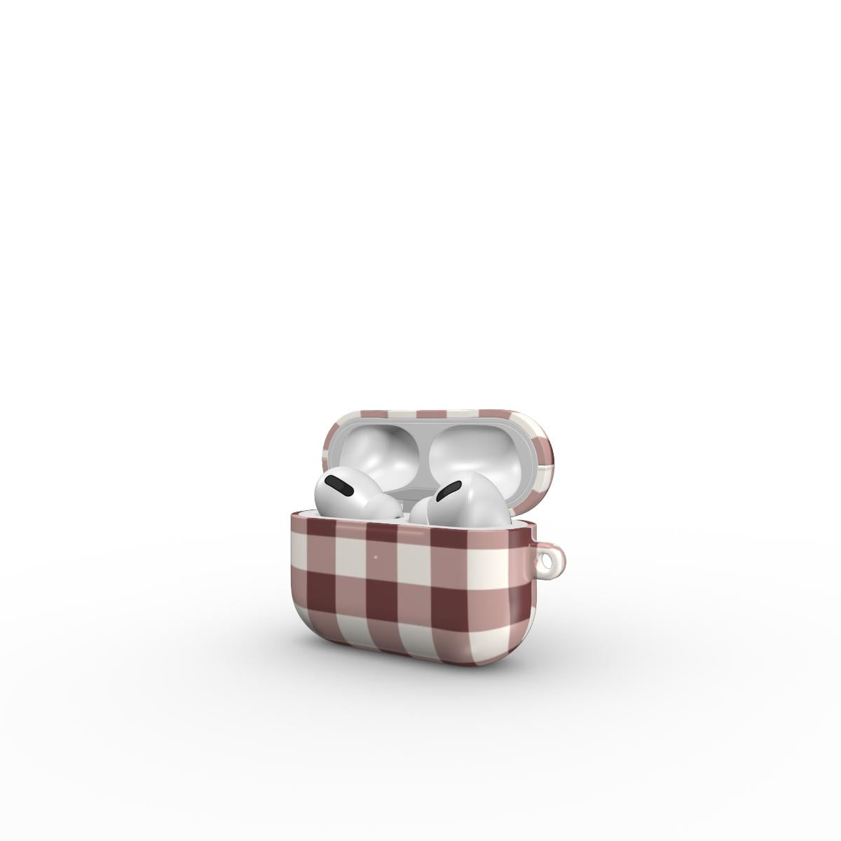 Cherry Mocha Gingham Apple AirPods Tough Case — full view, front print