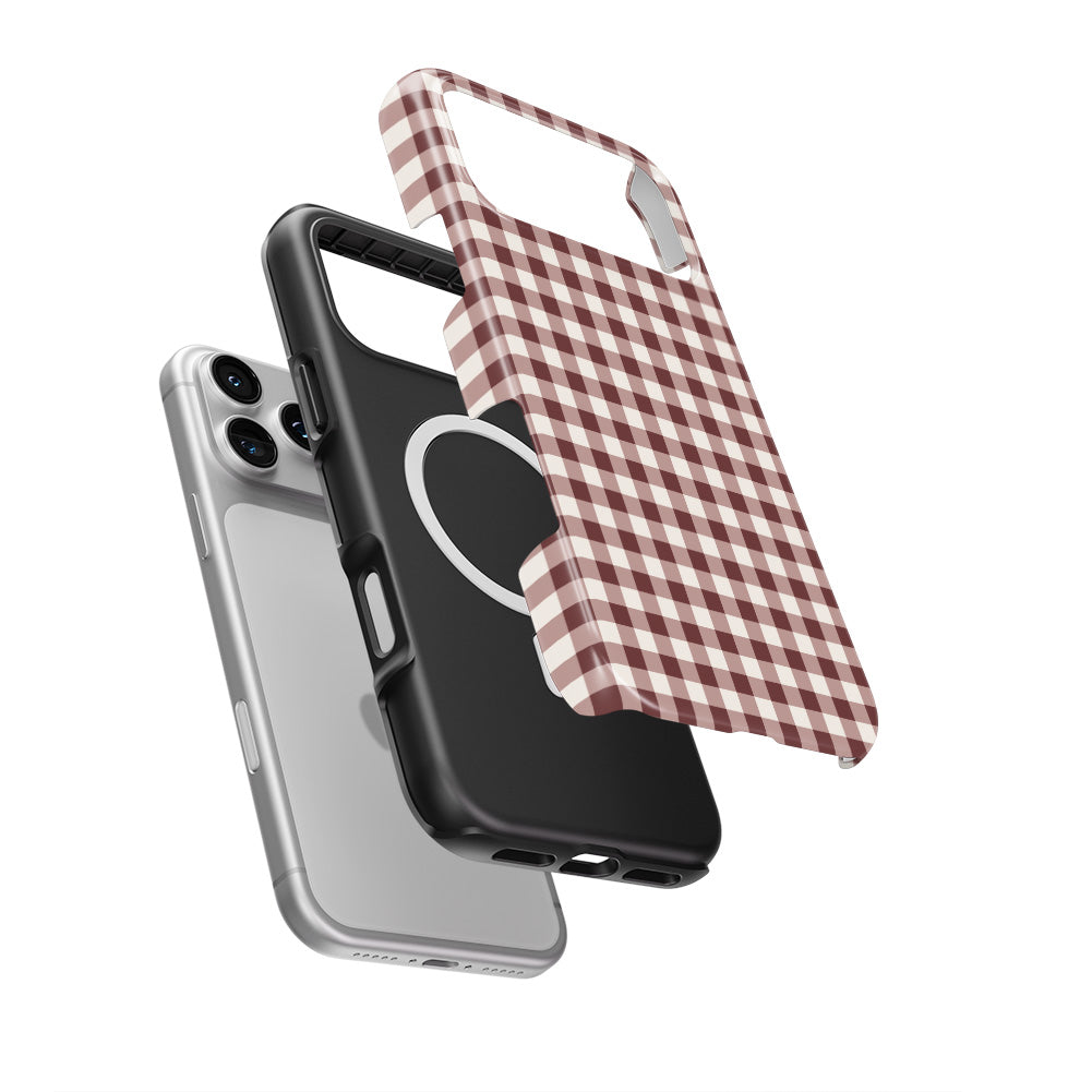 Cherry Mocha Gingham MagSafe Tough Phone Case — case separated from phone, MagSafe ring visible