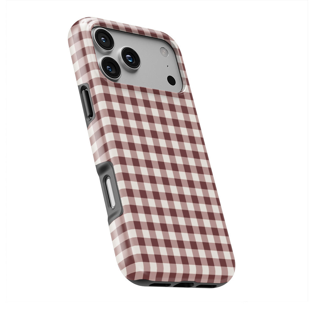 Cherry Mocha Gingham phone case — slight angle, side edge visible