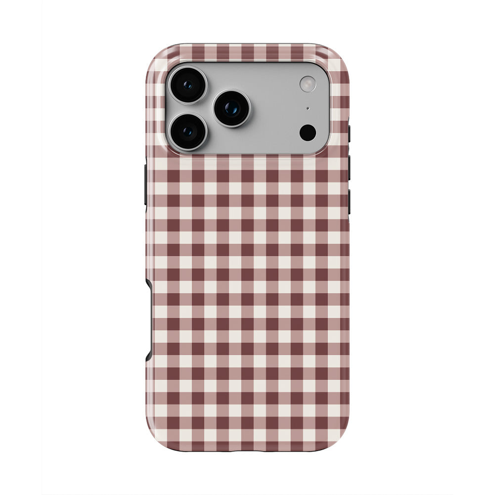 Cherry Mocha Gingham phone case — back view, full print