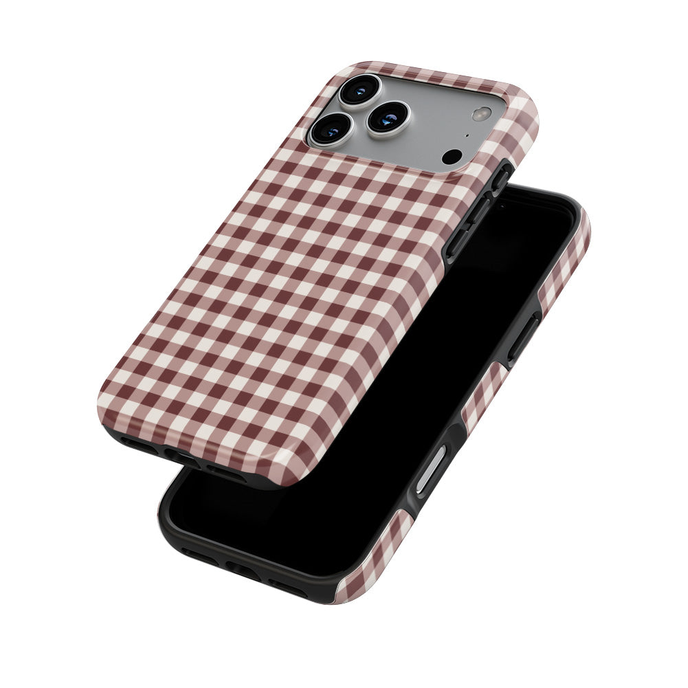 Cherry Mocha Gingham phone case — front and back