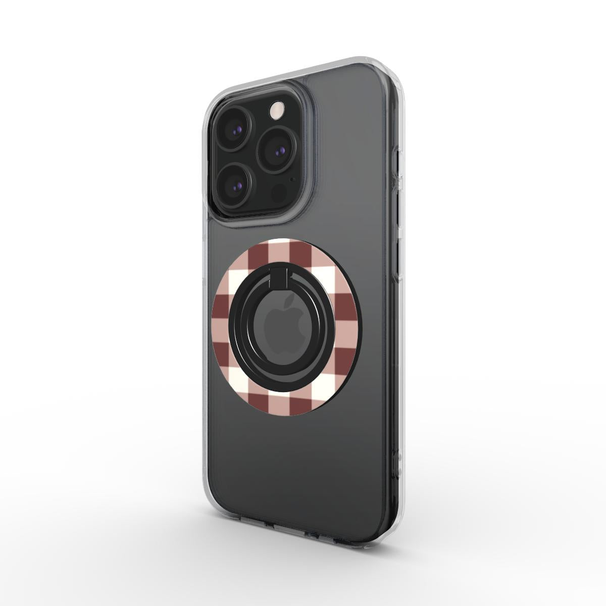 Cherry Mocha Gingham Ring Holder — on phone, angled view