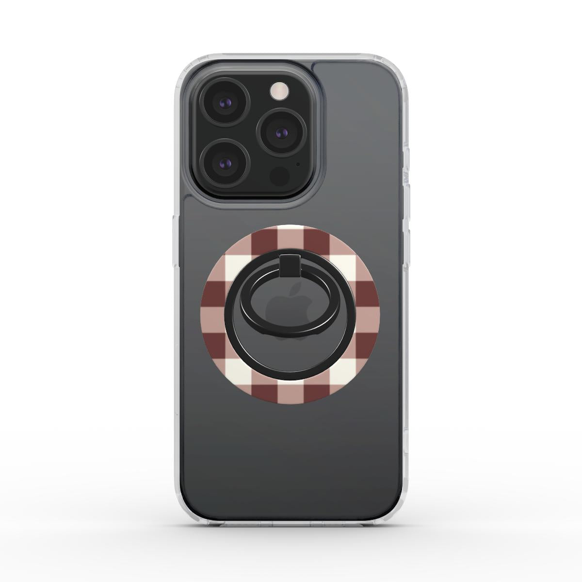 Cherry Mocha Gingham Ring Holder — on phone, back view
