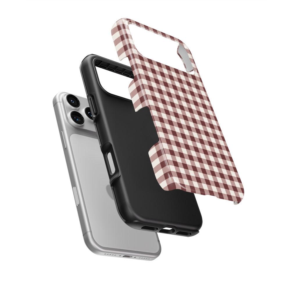 Cherry Mocha Gingham Tough Phone Case — hard outer shell and inner liner separated