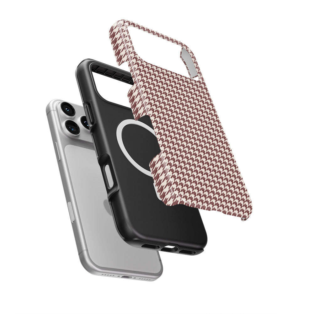 Cherry Mocha Houndstooth MagSafe Tough Phone Case — case separated from phone, MagSafe ring visible