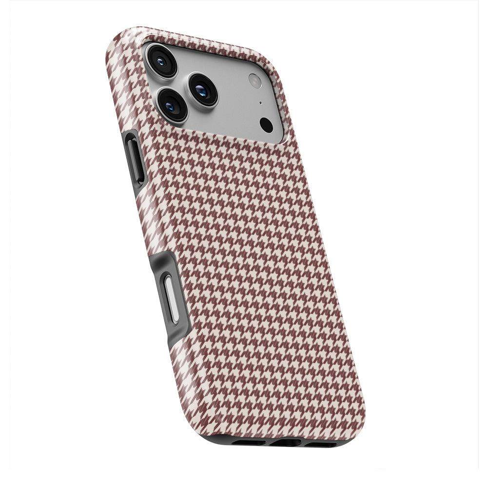 Cherry Mocha Houndstooth phone case — slight angle, side edge visible