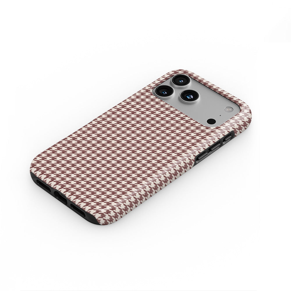 Cherry Mocha Houndstooth phone case — steep top-down angle, case lying face up