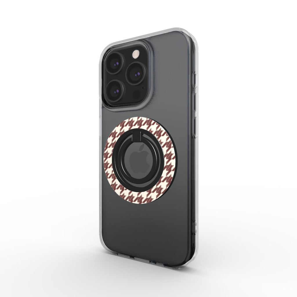 Cherry Mocha Houndstooth Ring Holder — on phone, angled view