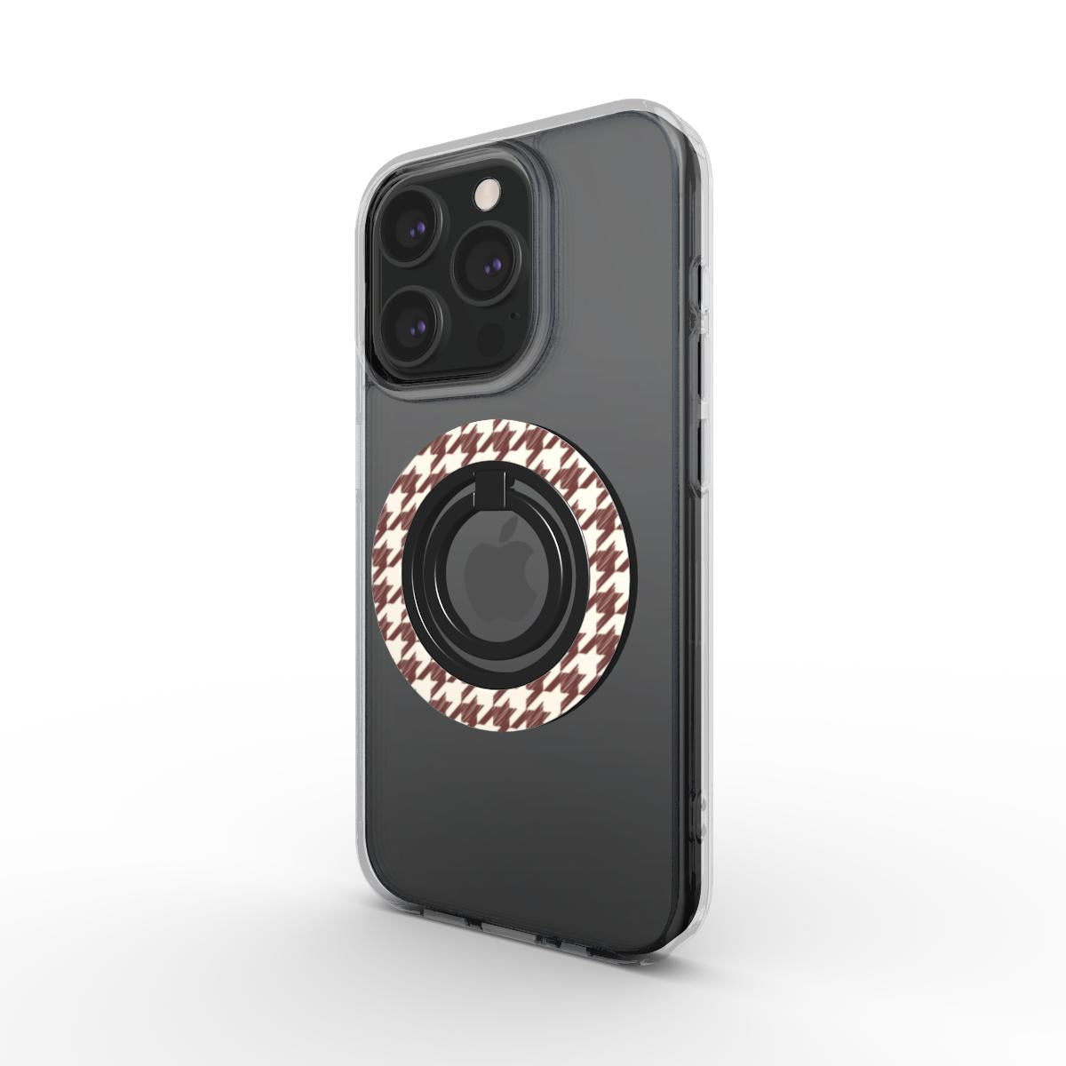 Cherry Mocha Houndstooth Ring Holder — on phone, angled view