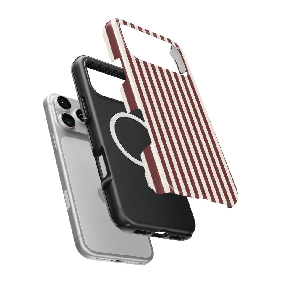 Cherry Mocha Stripes MagSafe Tough Phone Case — case separated from phone, MagSafe ring visible