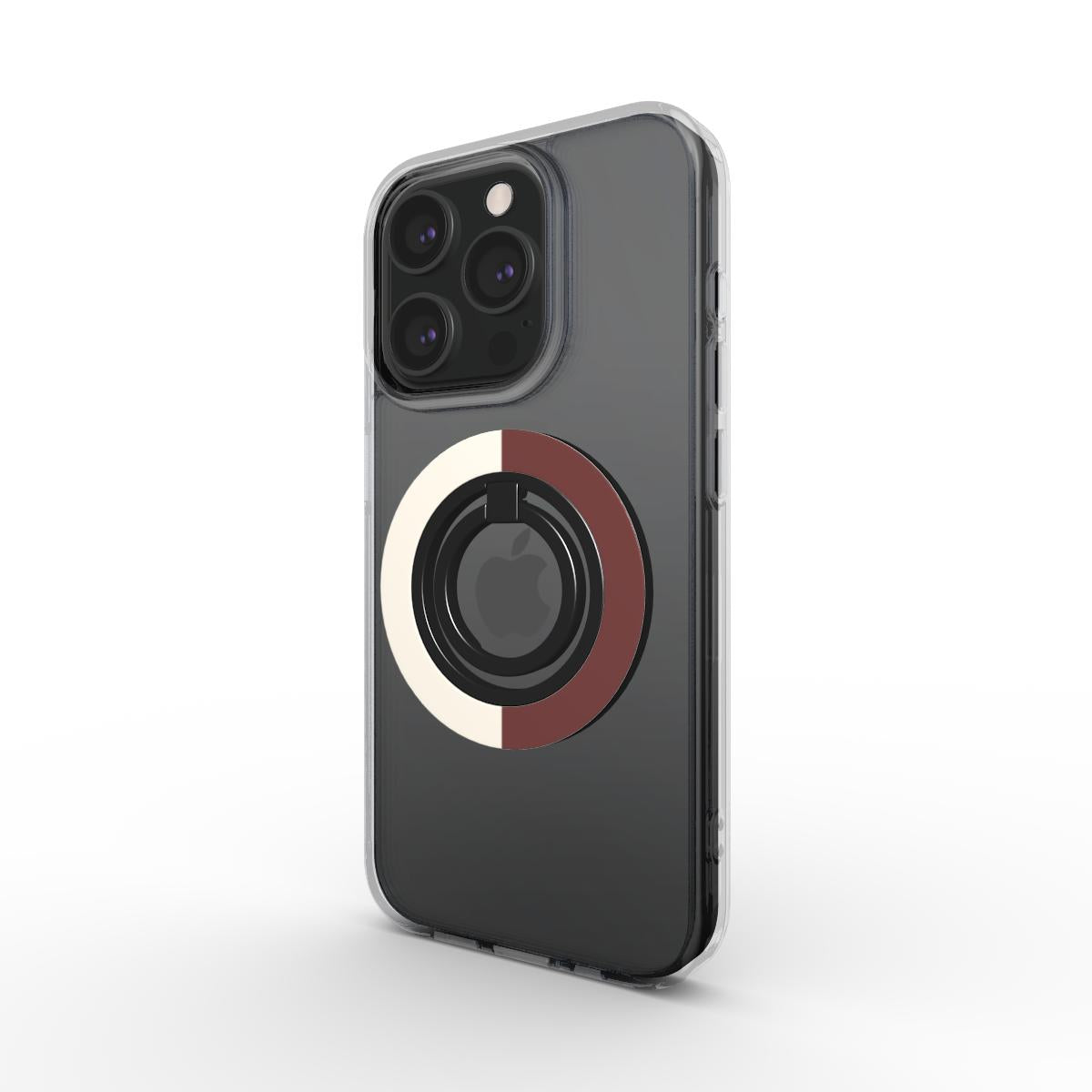 Cherry Mocha Stripes Ring Holder — on phone, angled view