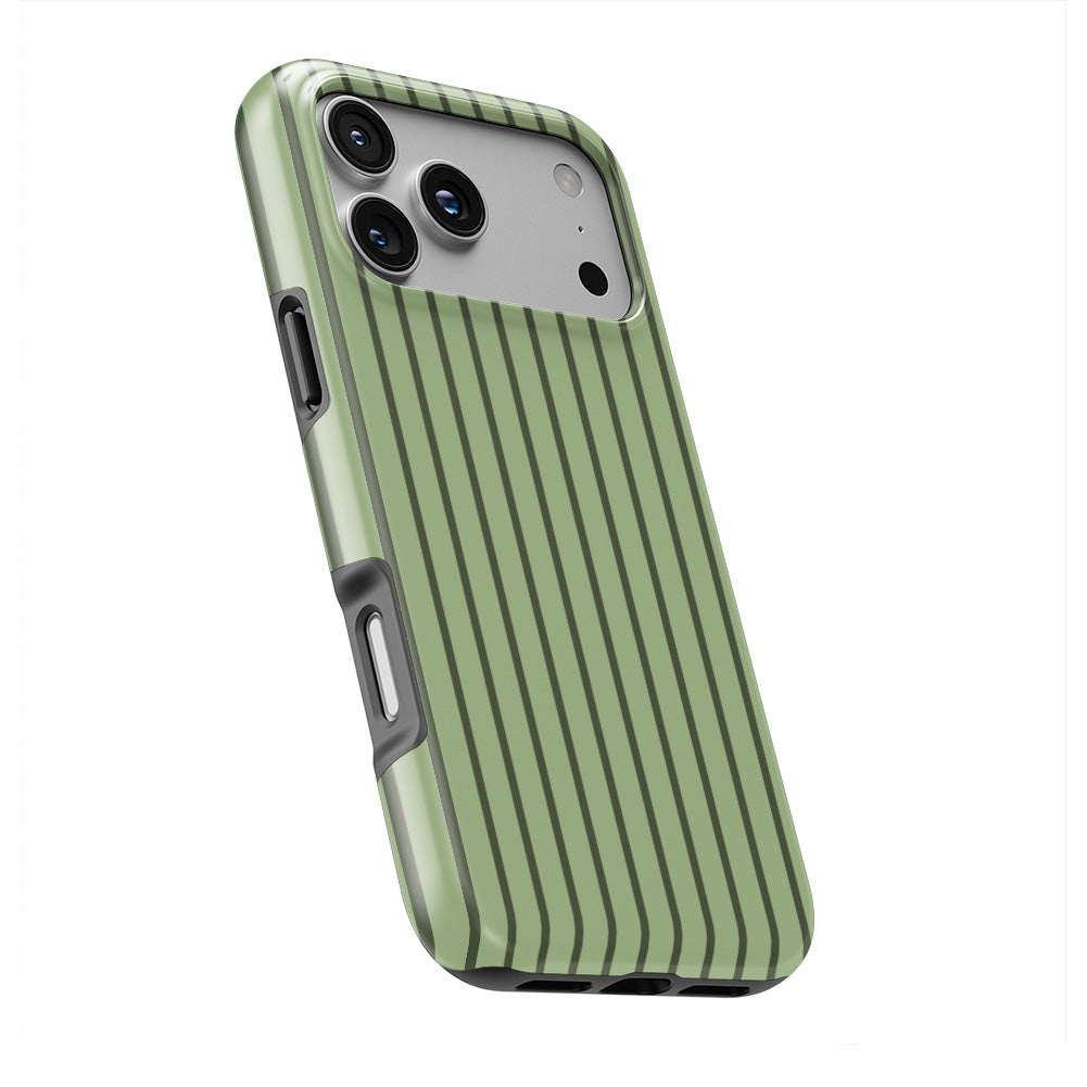 Chocomint Green Stripes phone case — slight angle, side edge visible
