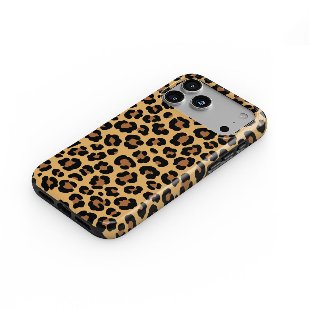 Classic Brown Leopard phone case — steep top-down angle, case lying face up