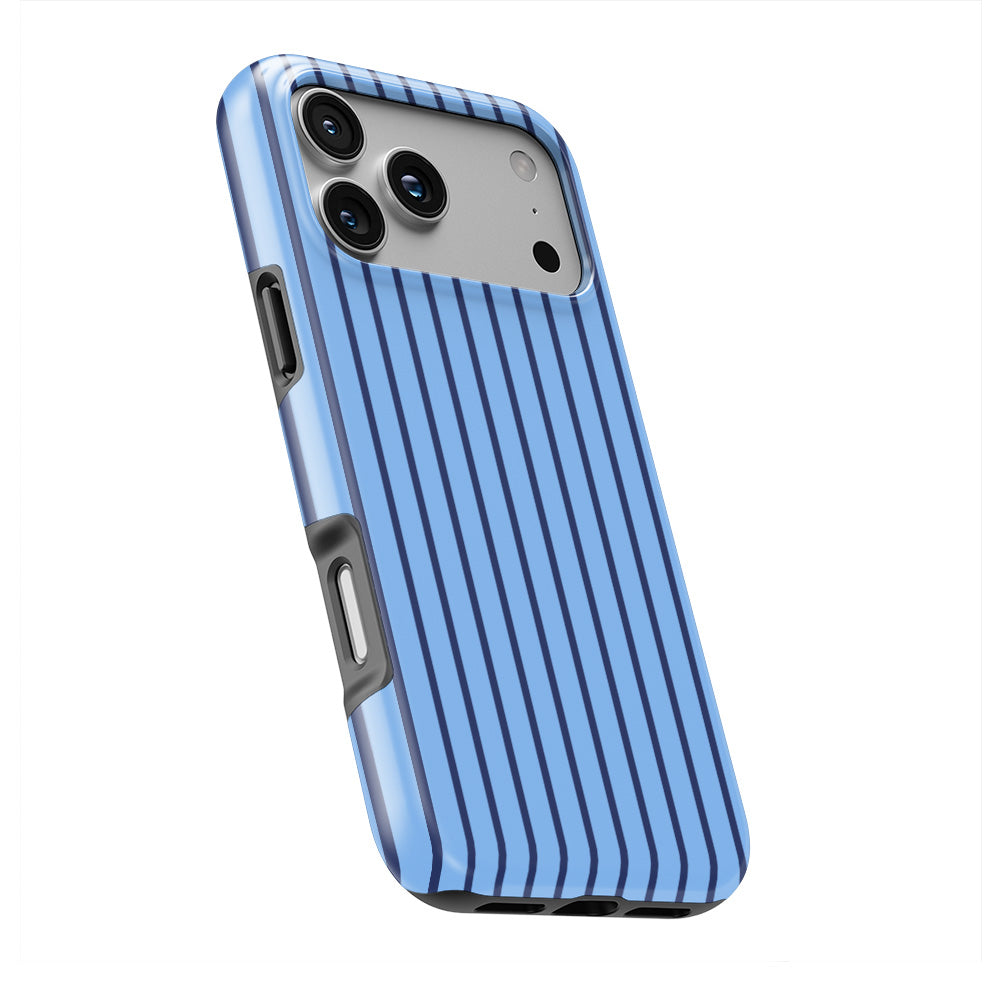 Cold Blue Stripes phone case — slight angle, side edge visible