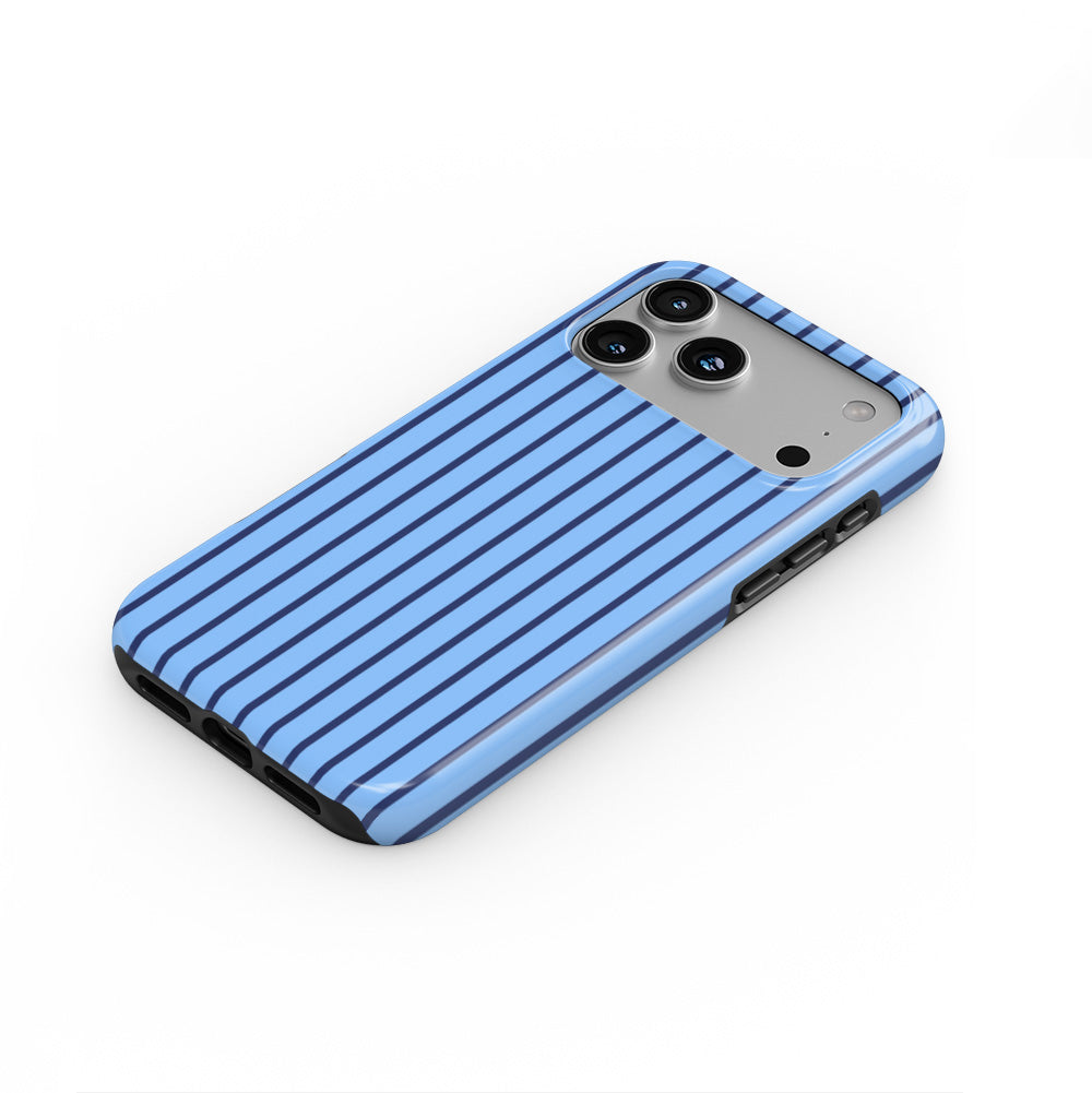 Cold Blue Stripes phone case — steep top-down angle, case lying face up
