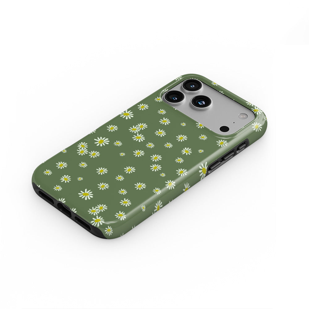 Daisy Ann Green phone case — steep top-down angle, case lying face up