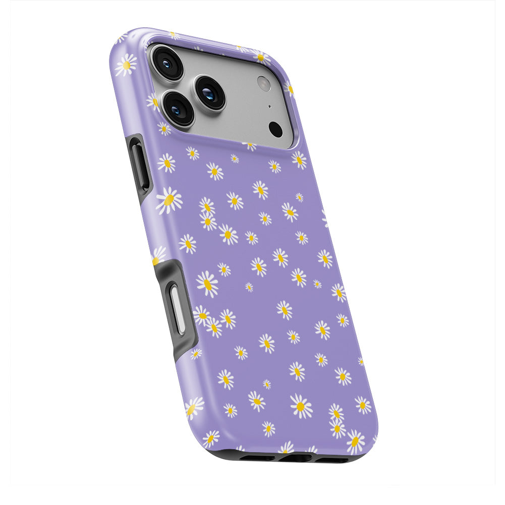 Daisy Ann Purple Floral phone case — slight angle, side edge visible