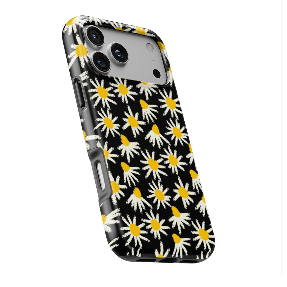 Daisy Raw Black Floral phone case — slight angle, side edge visible