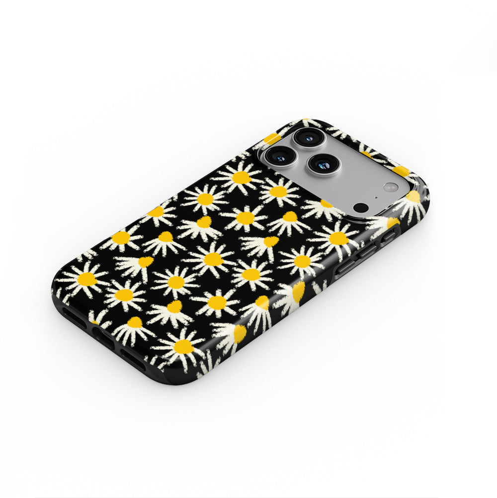 Daisy Raw Black Floral phone case — steep top-down angle, case lying face up