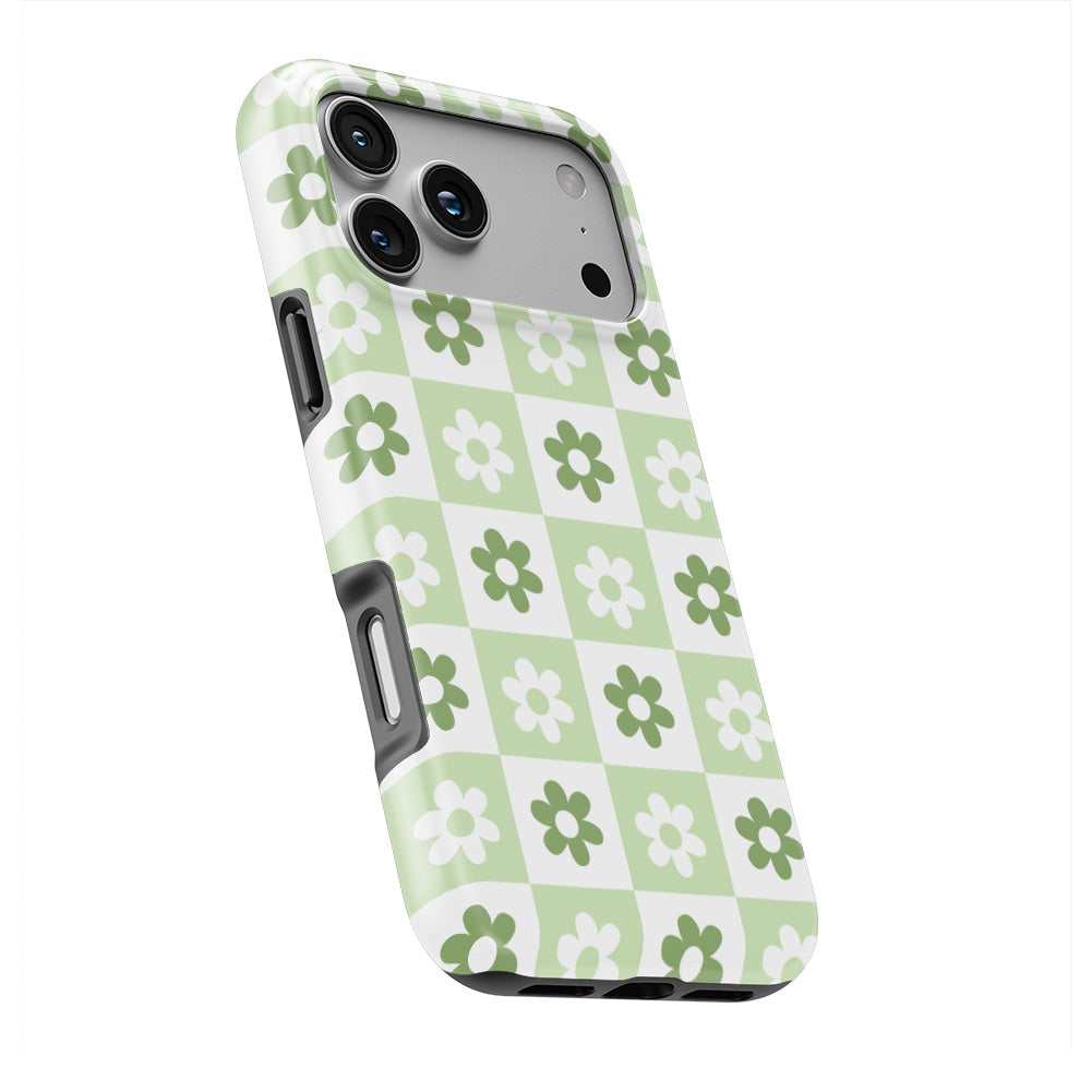 Green Brick Floral phone case — slight angle, side edge visible
