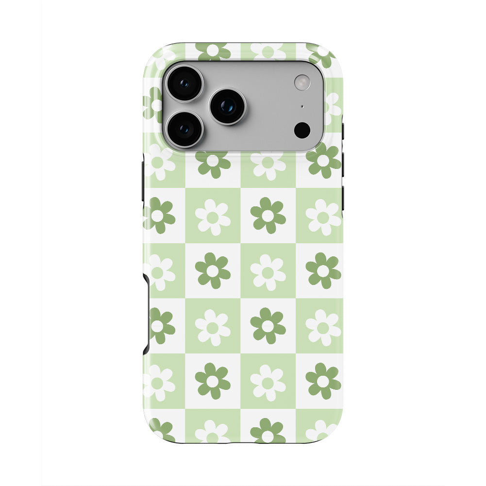 Green Brick Floral phone case — back view, full print
