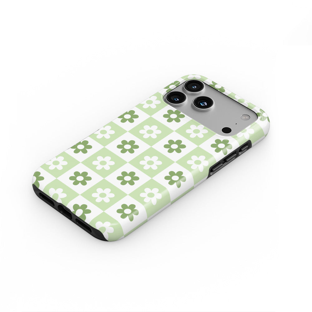 Green Brick Floral phone case — steep top-down angle, case lying face up