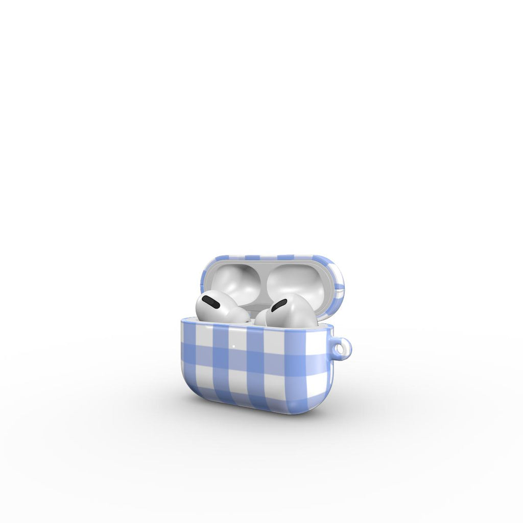Light Blue Gingham Apple AirPods Tough Case, 3D product render