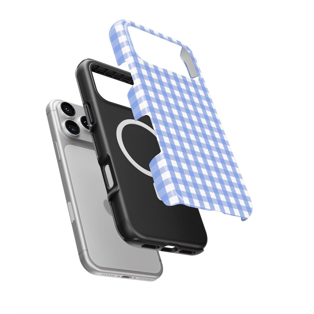 Light Blue Gingham MagSafe Tough Phone Case — case separated from phone, MagSafe ring visible