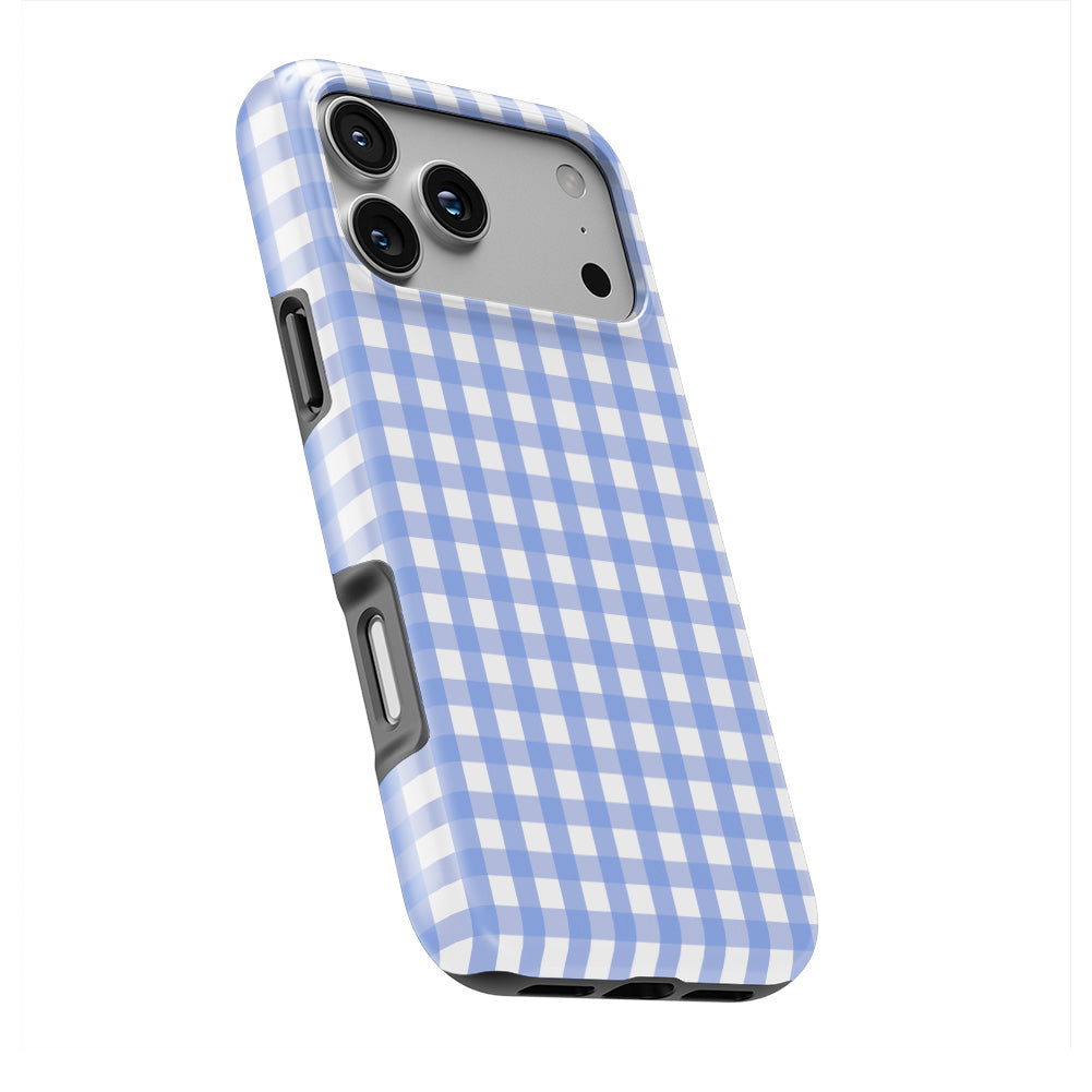 Light Blue Gingham phone case — slight angle, side edge visible