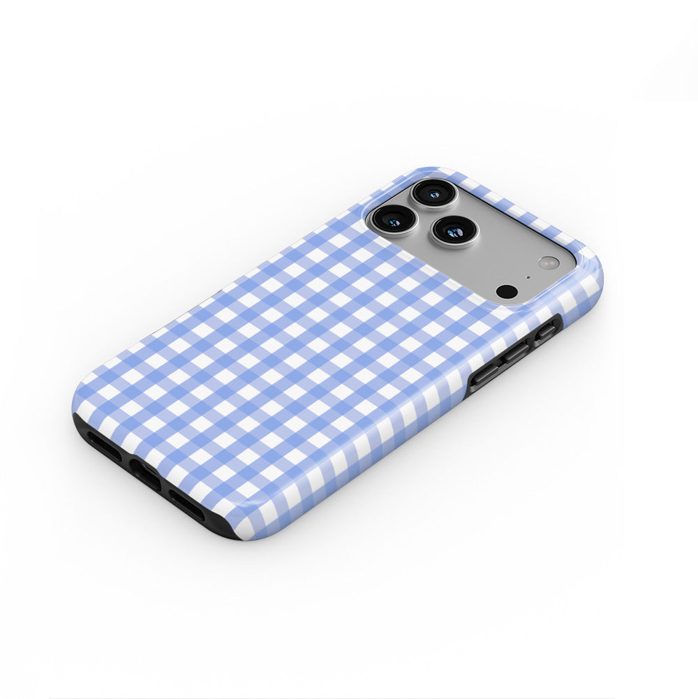 Light Blue Gingham phone case — steep top-down angle, case lying face up