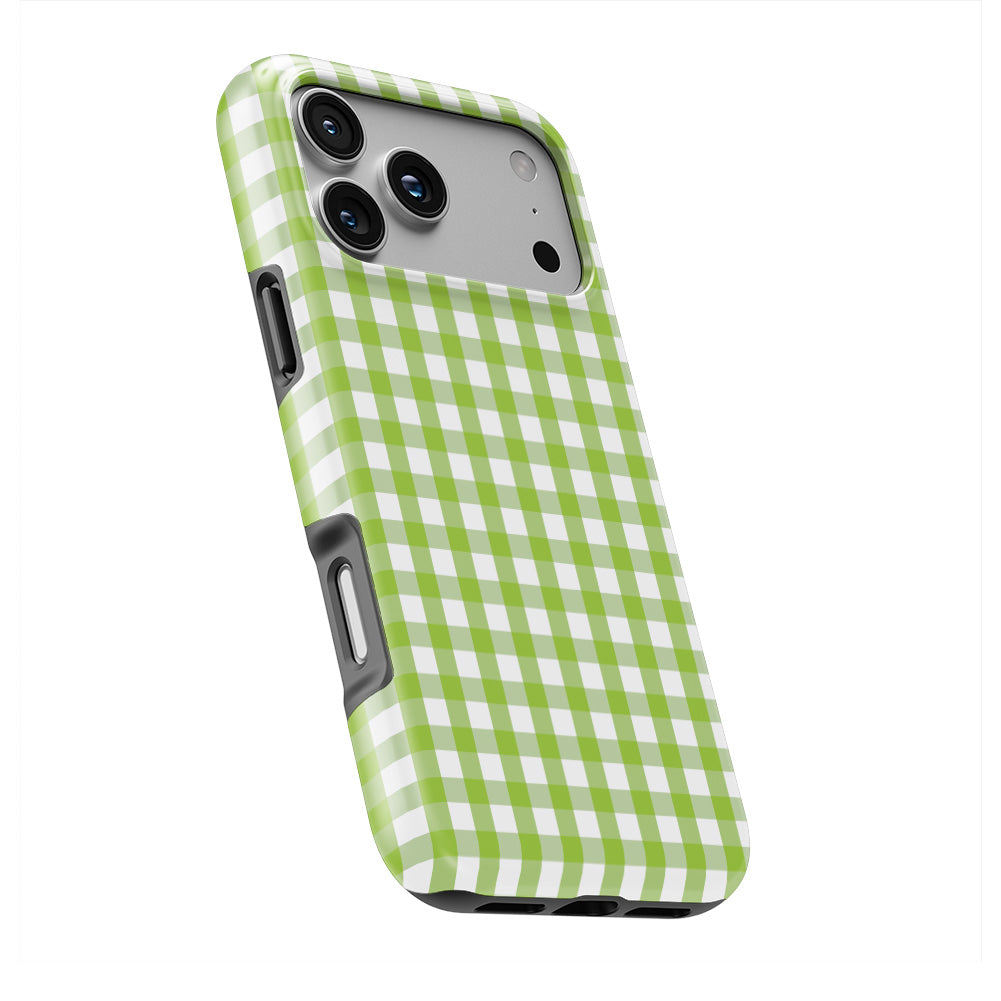 Light Green Gingham phone case — slight angle, side edge visible