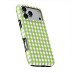 Light Green Gingham phone case — slight angle, side edge visible