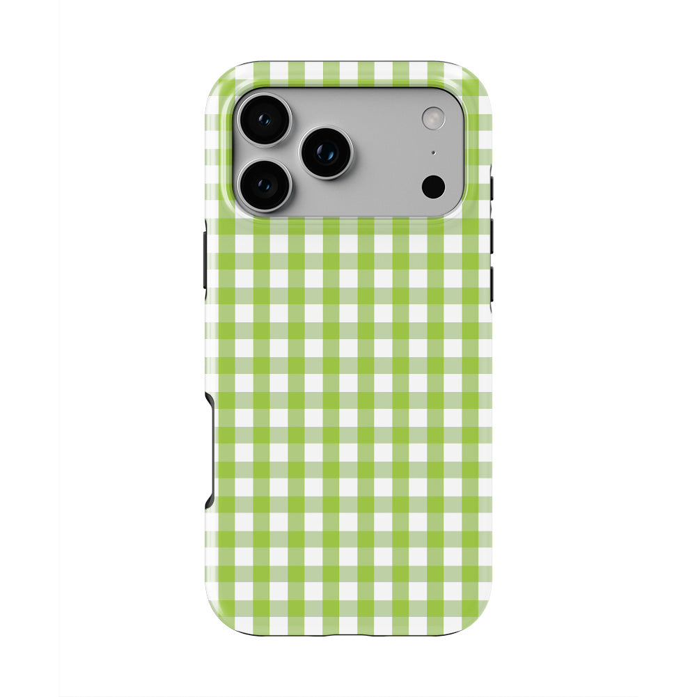 Light Green Gingham phone case — back view, full print