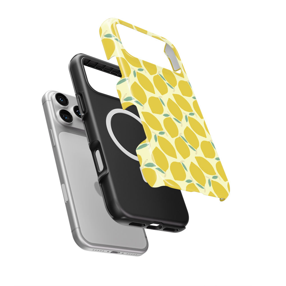 Yellow Lemon Abstract MagSafe Tough Phone Case — case separated from phone, MagSafe ring visible