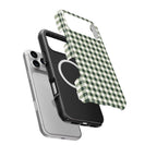 Deep Forest Gingham MagSafe tough phone case separated from the phone, MagSafe ring visible