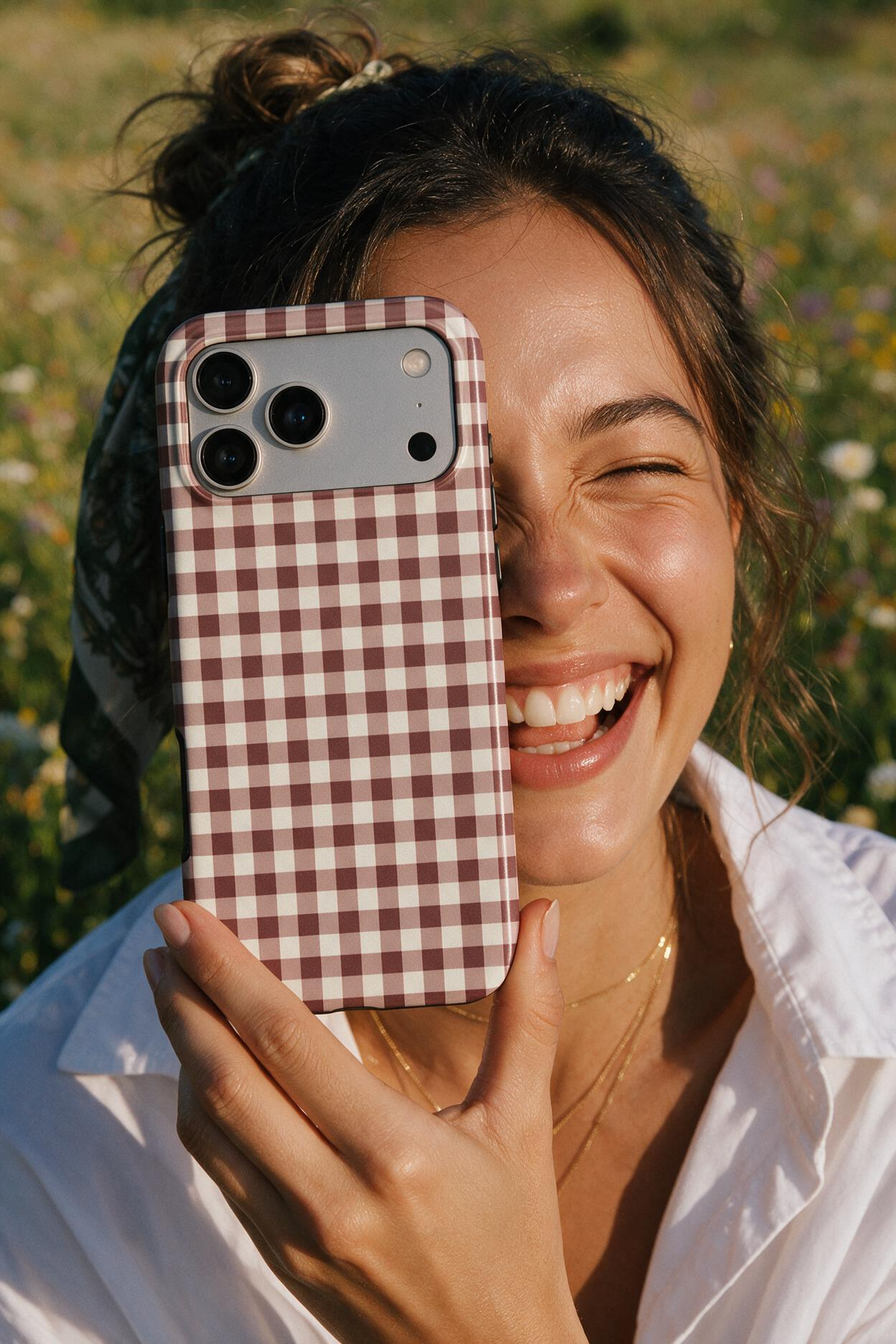 Cherry Mocha Gingham phone case, in use