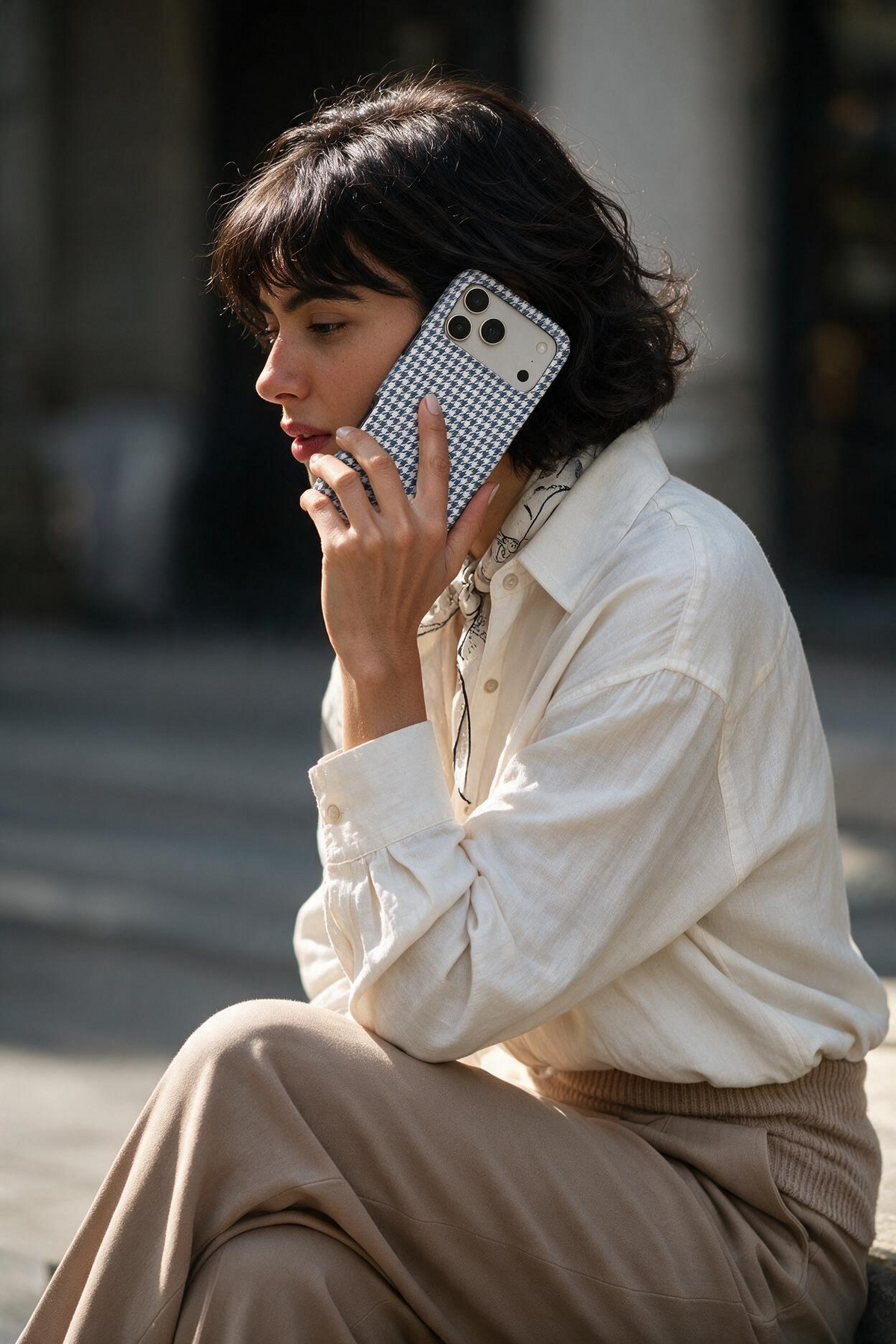 Navy Houndstooth phone case, in use