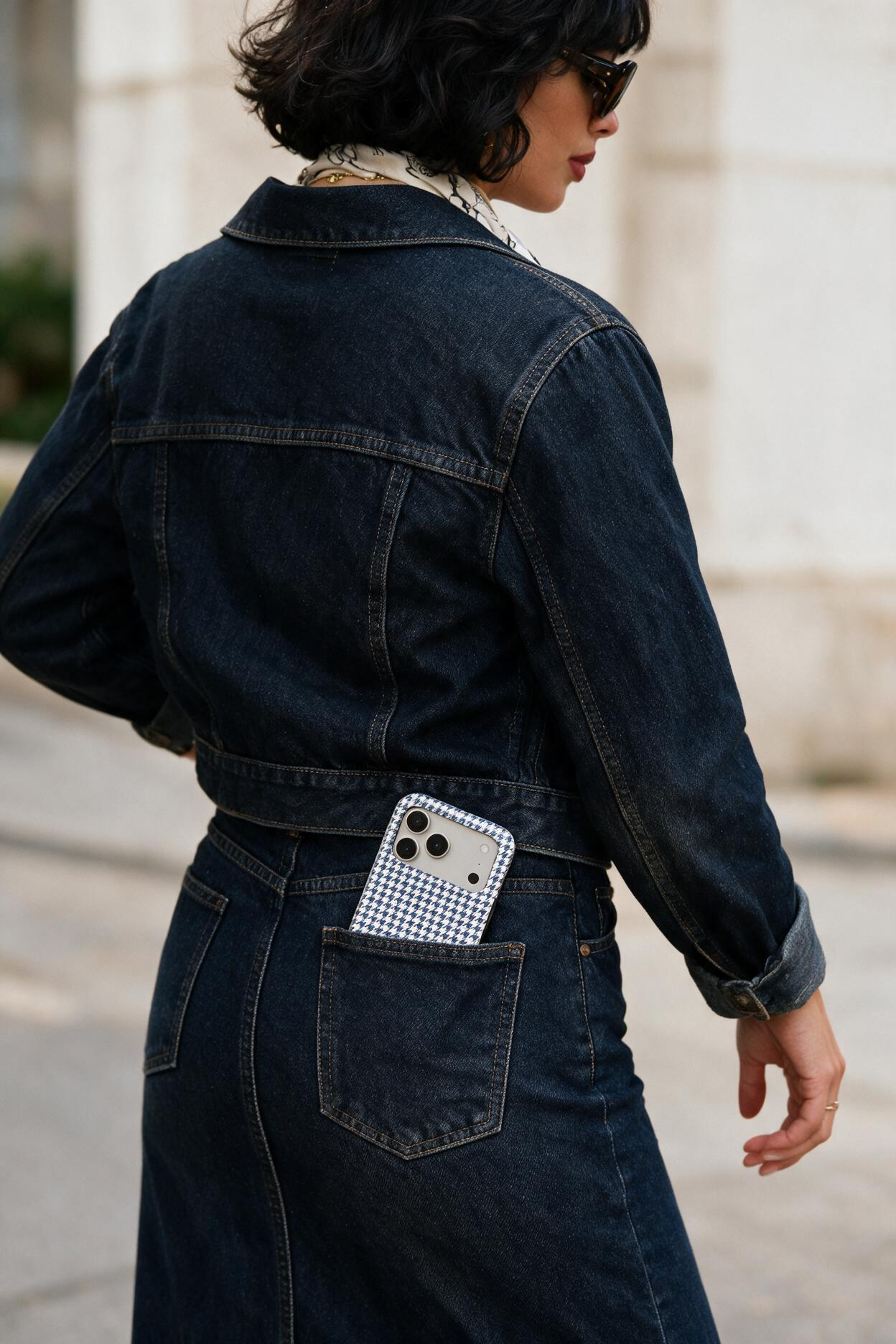 Navy Houndstooth phone case, in use