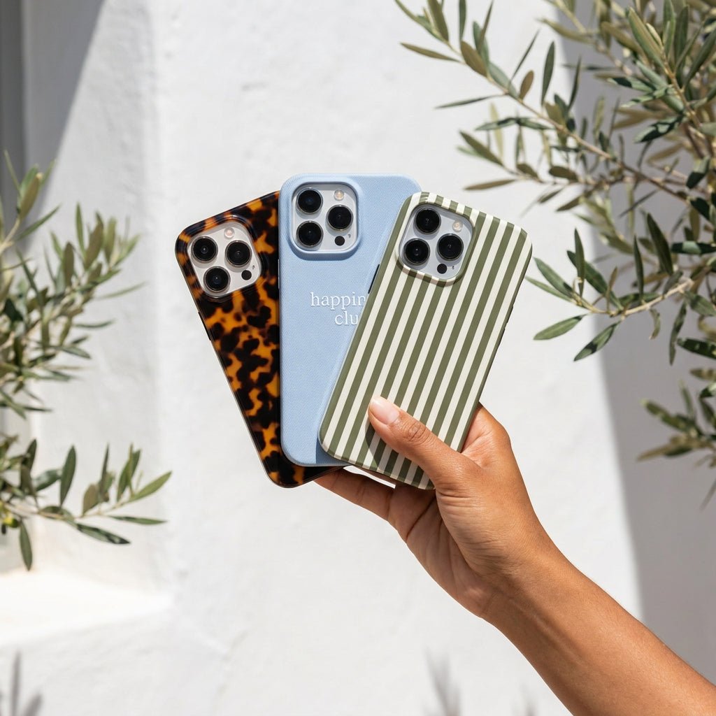 Olive Stripes phone case, in use