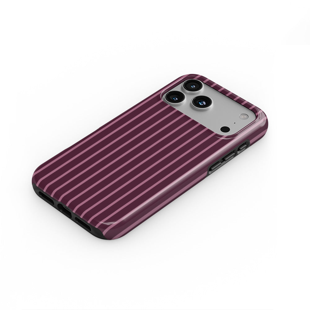 Mamtom Purple Stripes phone case — steep top-down angle, case lying face up