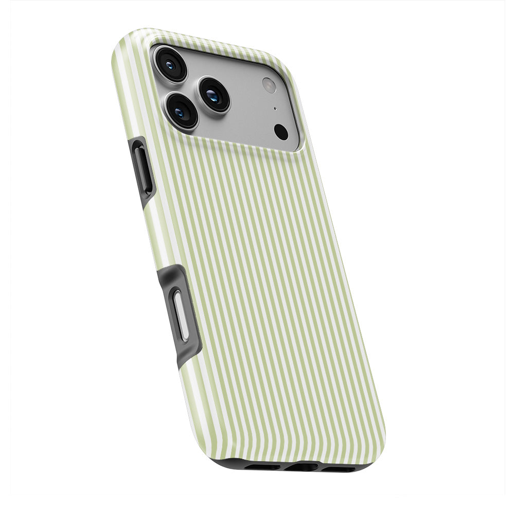 Pastel Lemon Stripes phone case — slight angle, side edge visible