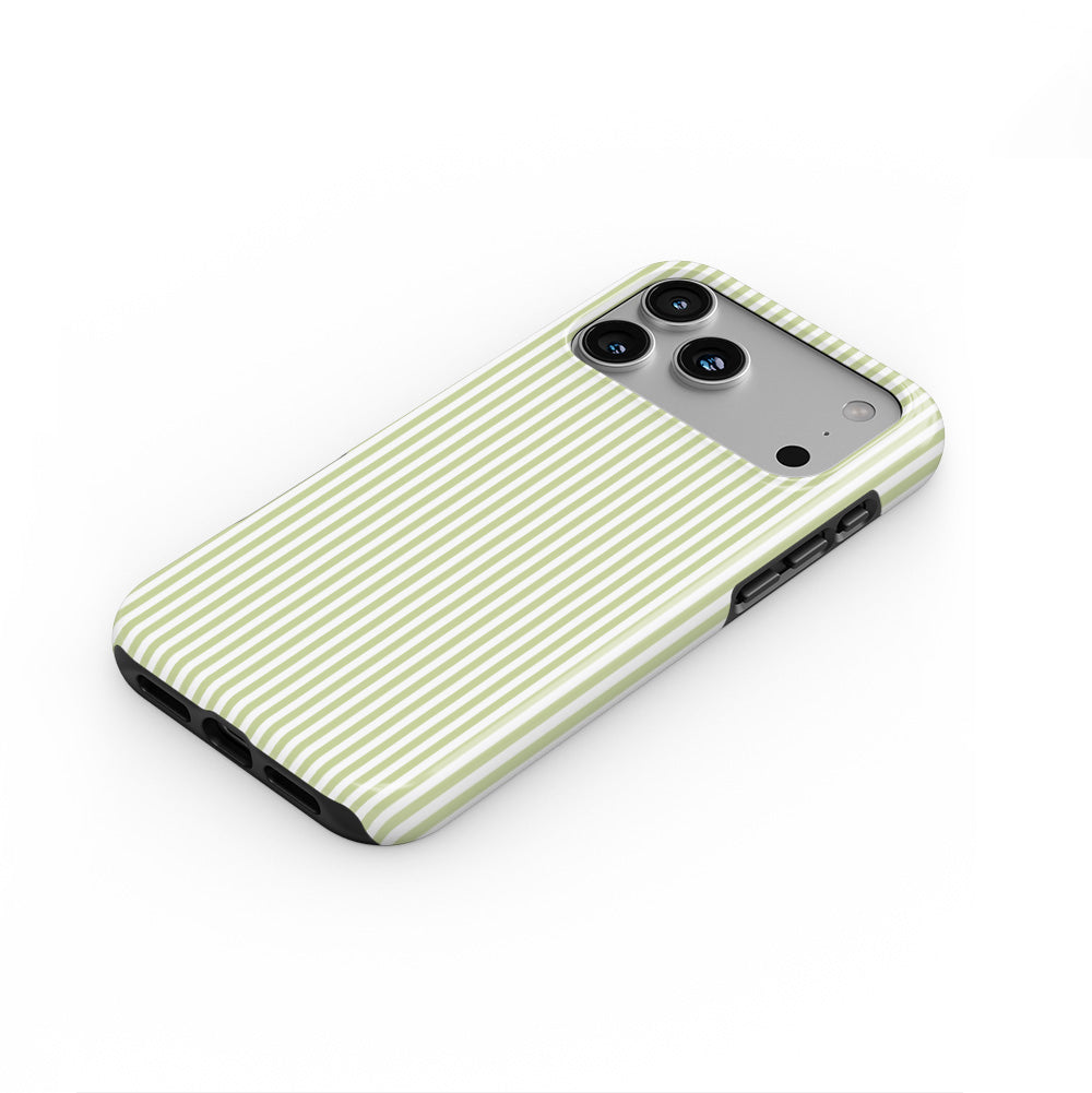 Pastel Lemon Stripes phone case — steep top-down angle, case lying face up