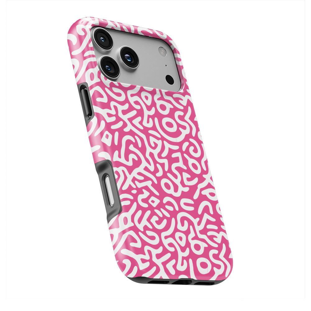 Pink Abstract Doodle phone case — slight angle, side edge visible