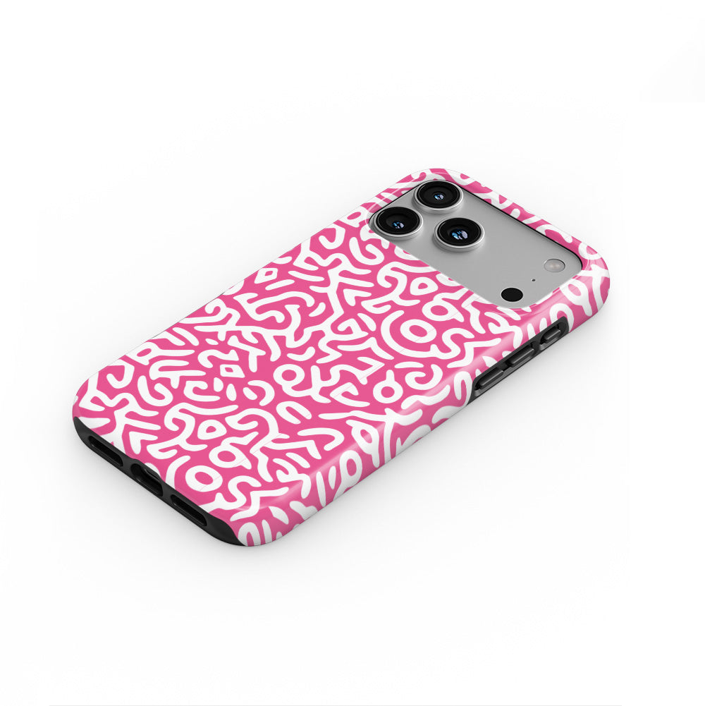 Pink Abstract Doodle phone case — steep top-down angle, case lying face up
